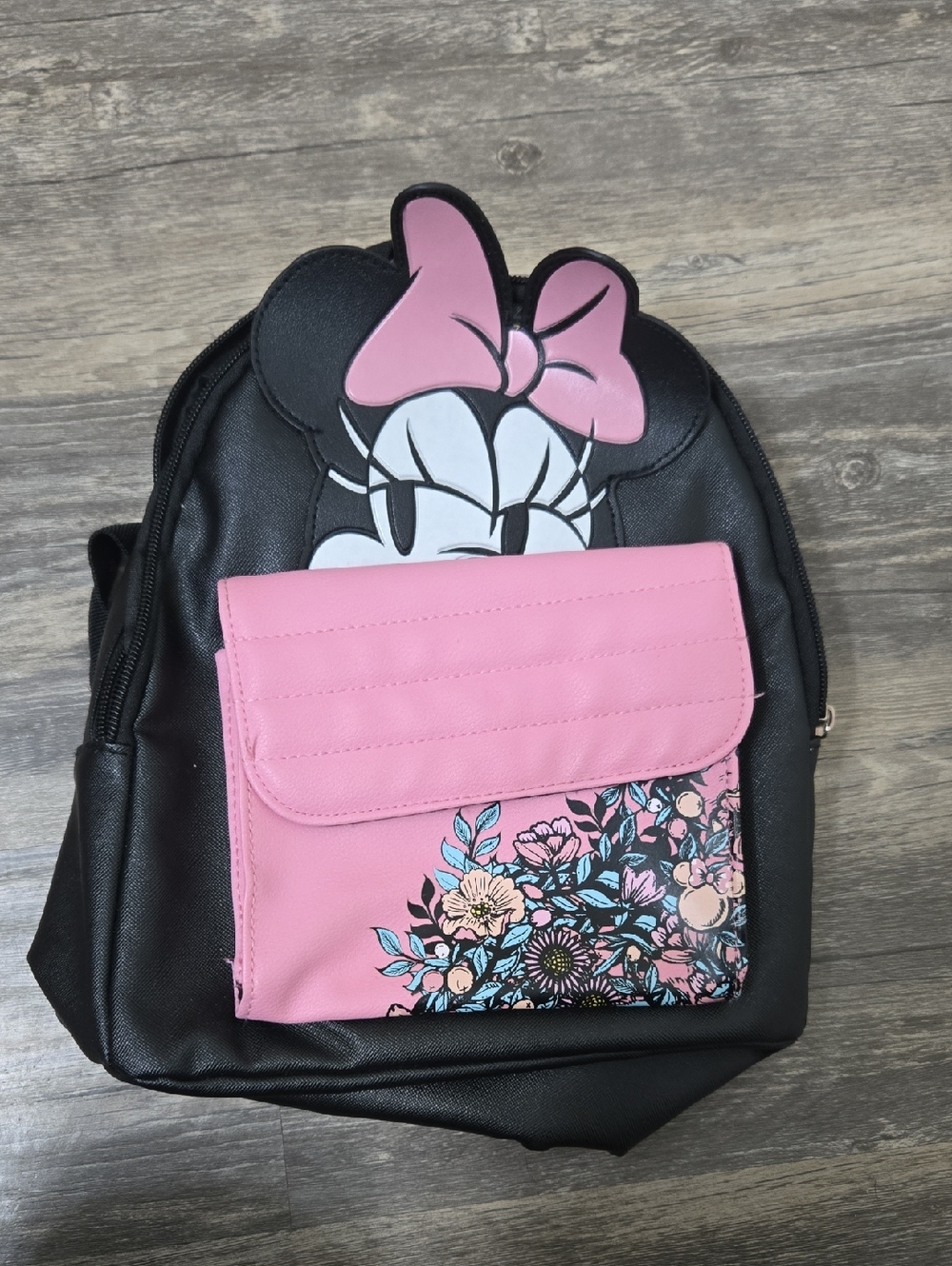 Minnie Mouse Pink Bow Floral Black Backpack
